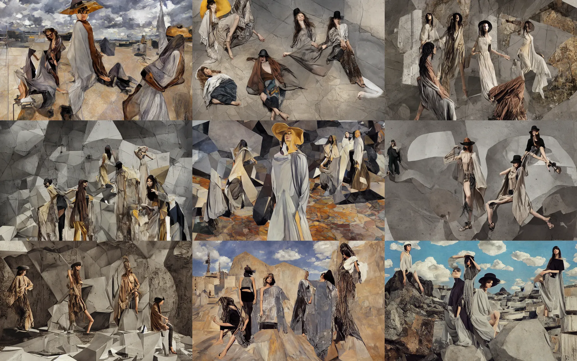 Prompt: concrete hitech interior, levitation, dramatic light, industrial rusty pipes, simple form, brutal shapes, portrait of group of fashionable young womans wearing rich jewerly hat and boho poncho, lying pose on stones, 1970s fashion, Low poly, thunder clouds in the sky, artwork by Joaquin Sorolla and Denis Sarazhin and klimt and rhads and john william waterhouse and van gogh and Dean Ellis and Detmold Charles Maurice