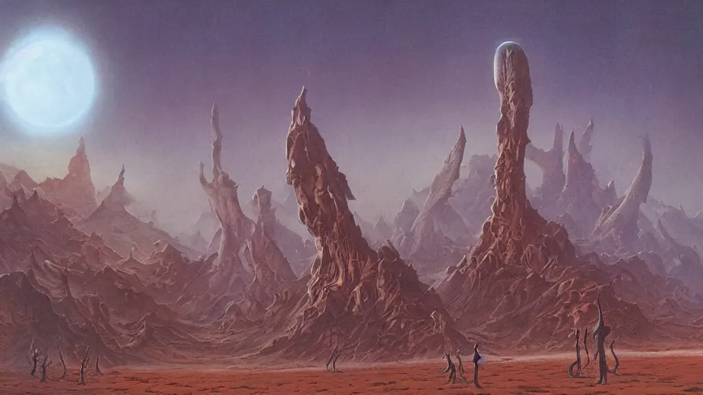 Image similar to eerie atmospheric evolving alien planet by gerald brom and vincent di fate, epic cinematic matte painting