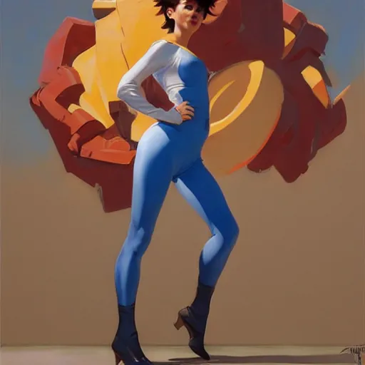 Image similar to greg manchess painting of tracer wearing a skintight suit, medium shot, organic painting, sunny day, bold shapes, hard edges, street art, trending on artstation, by huang guangjian and gil elvgren and sachin teng and artgerm and greg rutkowski and alphonse mucha