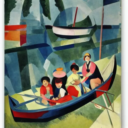 Prompt: The collage depicts a group of well-dressed women and children enjoying a leisurely boat ride on a calm day. The women are chatting and laughing while the children play with a toy boat in the foreground. by Sonia Delaunay, by Paul Cézanne dull