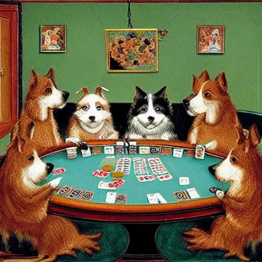 Prompt: dogs playing poker in the style of louis wain