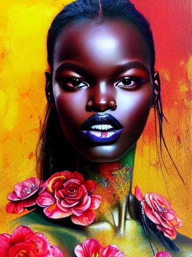 Image similar to portrait of duckie thot with a floral background : : painted by artgerm, karol bak, artur bordalo, sandra chevrier : : portrait, character, illustration, hyperrealism, photorealism