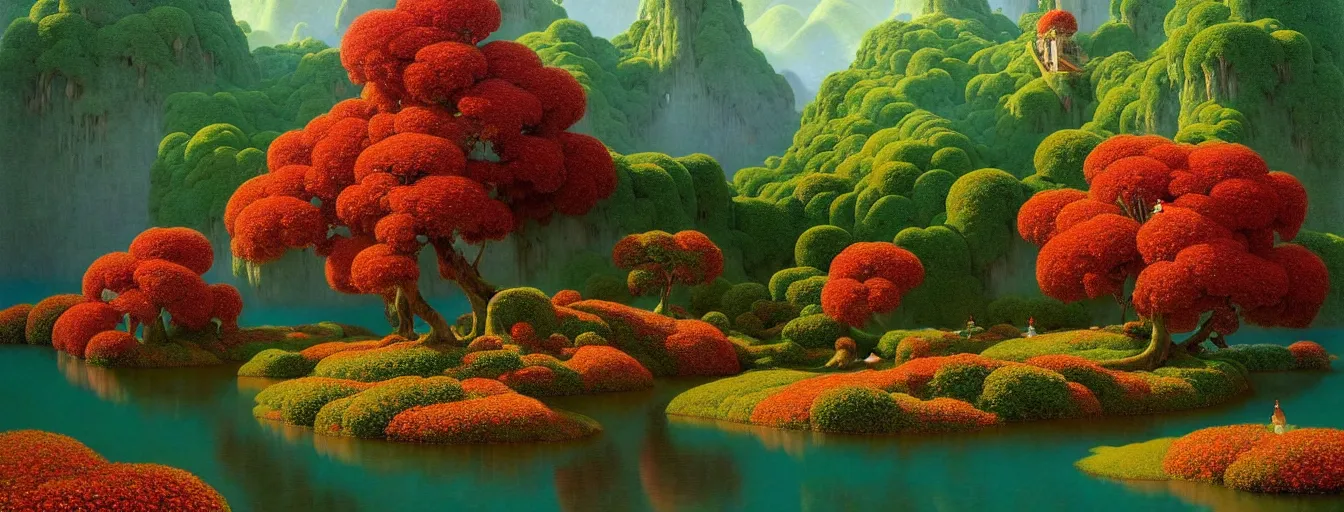 Image similar to a gorgeous very early spring series of lush islands separated by flower - lined streams, twisted gardens, flowers, fronds, painting by barlowe wayne maxfield parrish and marco mazzoni. tree no leaf!!!! china mountain village!! very little light verdancy. ultra clear detailed. 3 d, octane render. turbulent blood lake.