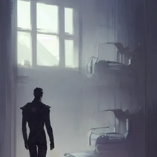 Image similar to concept art by greg rutkowski, very tall and slender young man waking up in a hospital bed, futuristic and high - tech setting but desolate and dimly lit, scifi, highly detailed portrait, digital painting, artstation, concept art, smooth, sharp foccus ilustration, artstation hq