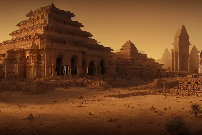 Prompt: an epic matte painting by weta digital, a massive temple, Theeb palace architecture designed by hr giger, lofi low contrast dark retro palette, hyper realistic octane render 4k, lens flare, light leaks, golden hour