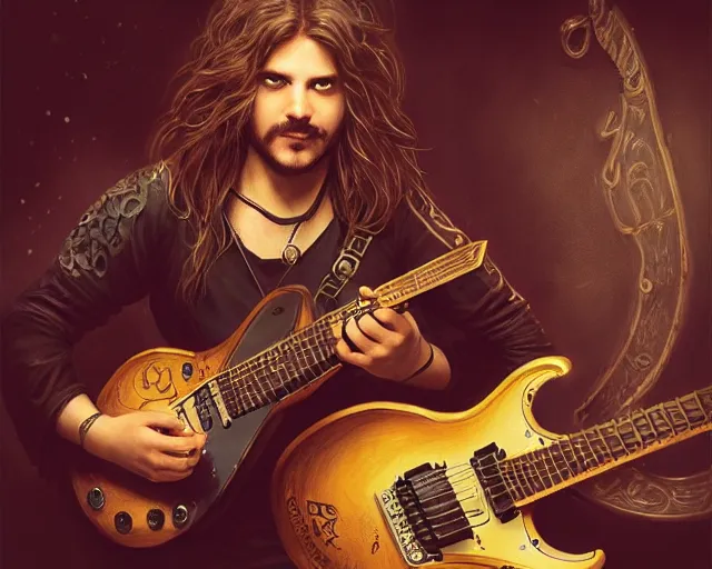 Prompt: photography of bard wearing a band shirt while playing a black electric guitar at a tavern concert, 8 k, deep focus, d & d, fantasy, intricate, elegant, highly detailed, digital painting, artstation, concept art, matte, sharp focus, illustration, hearthstone, art by artgerm and greg rutkowski and alphonse mucha
