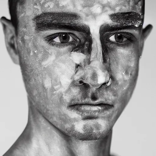 Image similar to a close up portrait of a beautiful athletic young persian male with his face covered in silver leaf , photographed by erwin olaf, artistic