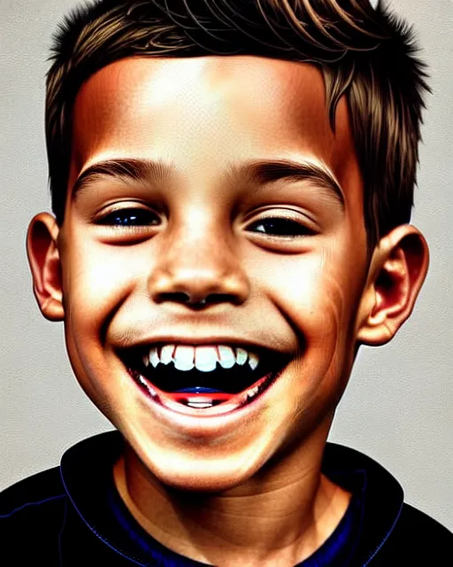 Image similar to digital art of smiling boy, illustration, highly detailed, simple, no jagged lines, smooth, artstation, artwork by obey, artwork by sandra chevrier