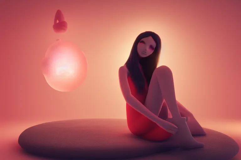 Image similar to a cute alien girl sitting on a cloud relaxing, misty, glows, blender render, hazy, foggy, red lighting, ambient lighting, 8 k,