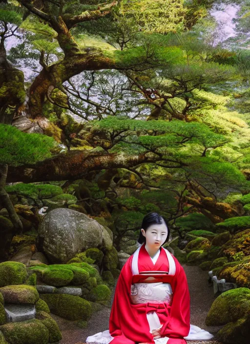 Image similar to photo of a japanese shrine maiden, young beautiful woman, award winning photo, stunning scenery, high definition, 8 k, dynamic lighting