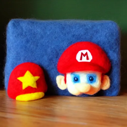 Prompt: a needle felted mario, needle felting art.