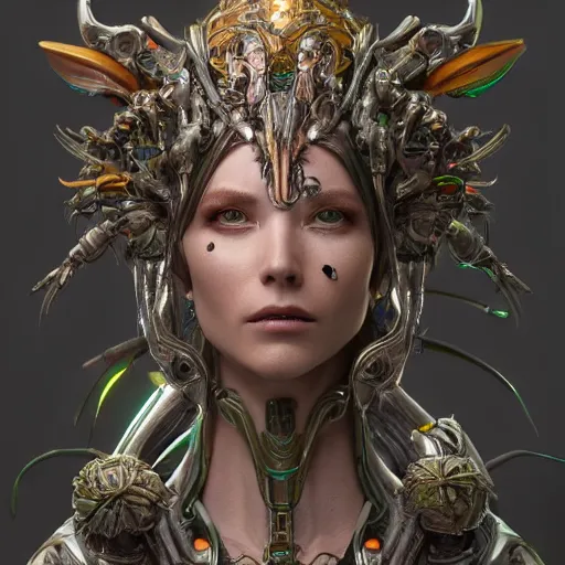 Image similar to evil cyborg druid android queen, ultra realistic, concept art, intricate details, serious, highly detailed, photorealistic, octane render, 8 k, unreal engine, art by todd mcfarlane and artgerm and greg rutkowski and alphonse mucha