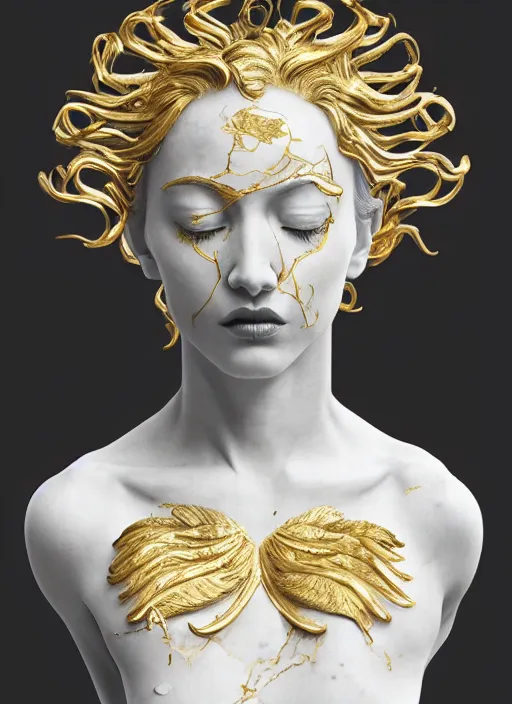 Image similar to a statue made of white marble with gold veins, of an beautiful gorgeous angel girl, full body shot, perfect symmetrical body, perfect symmetrical face, no eyes, hyper realistic, hyper detailed, fujicolor superia 1 6 0 0 photo, by johannen voss, by peter kemp, by monia merlo, by michelangelo octane render, blender, 8 k