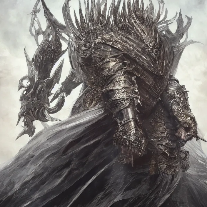 Image similar to beautiful illustrated portrait of the nameless king (from Dark Souls III) the god of storms and warfare wearing heavy iron armor, painted, 4k artwork, trending on artstation, octane render, art by artgerm and greg rutkowski and alphonse mucha and craig mullins and James Jean and Andrei Riabovitchev and Marc Simonetti and peter mohrbacher