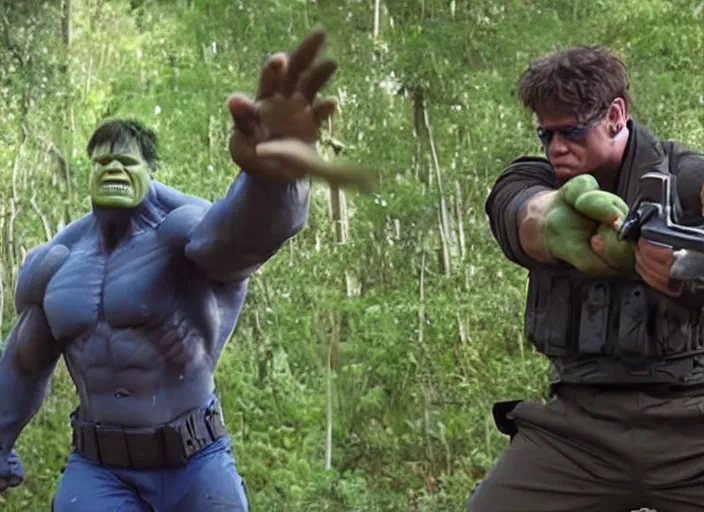 Image similar to film still of hulk playing paintball in the new avengers movie, 4 k