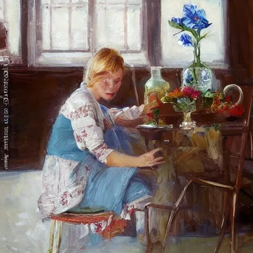 Prompt: young blonde wife making breakfast for her husband, painting by Vladimir Volegov, n -9