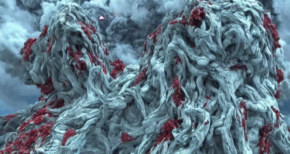 Image similar to a volcano made of ivory vines and crimson rocks enters in eruption, it spits a smoke in the shape of demonic eye, by Hideaki anno