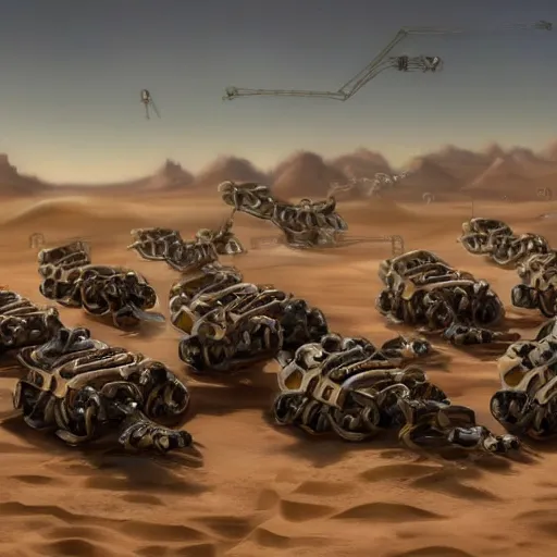 Prompt: painting of a dozen buried biomechanical robots in the desert, oasis, 4 k. cinematic. epic.