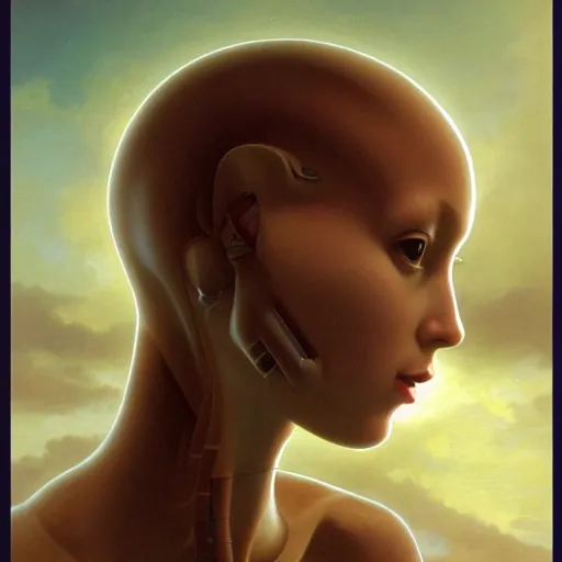 Image similar to A young beautiful female extraterrestrial-cyborg face with a very long neck, big clear eyes, thin nose, big lips, hair floating in the wind:: alien is from the future, Realistic, Refined, Detailed Digital Art, Oil Painting, William-Adolphe Bouguereau, Pre-Raphaelite,Renaissance, Highly Detailed, Cinematic Lighting, Unreal Engine, 8K