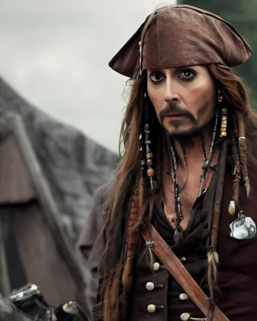 Image similar to David Tennant in the role of captain jack sparrow, film still, amazing short, 8K, IMAX, ultra detailed