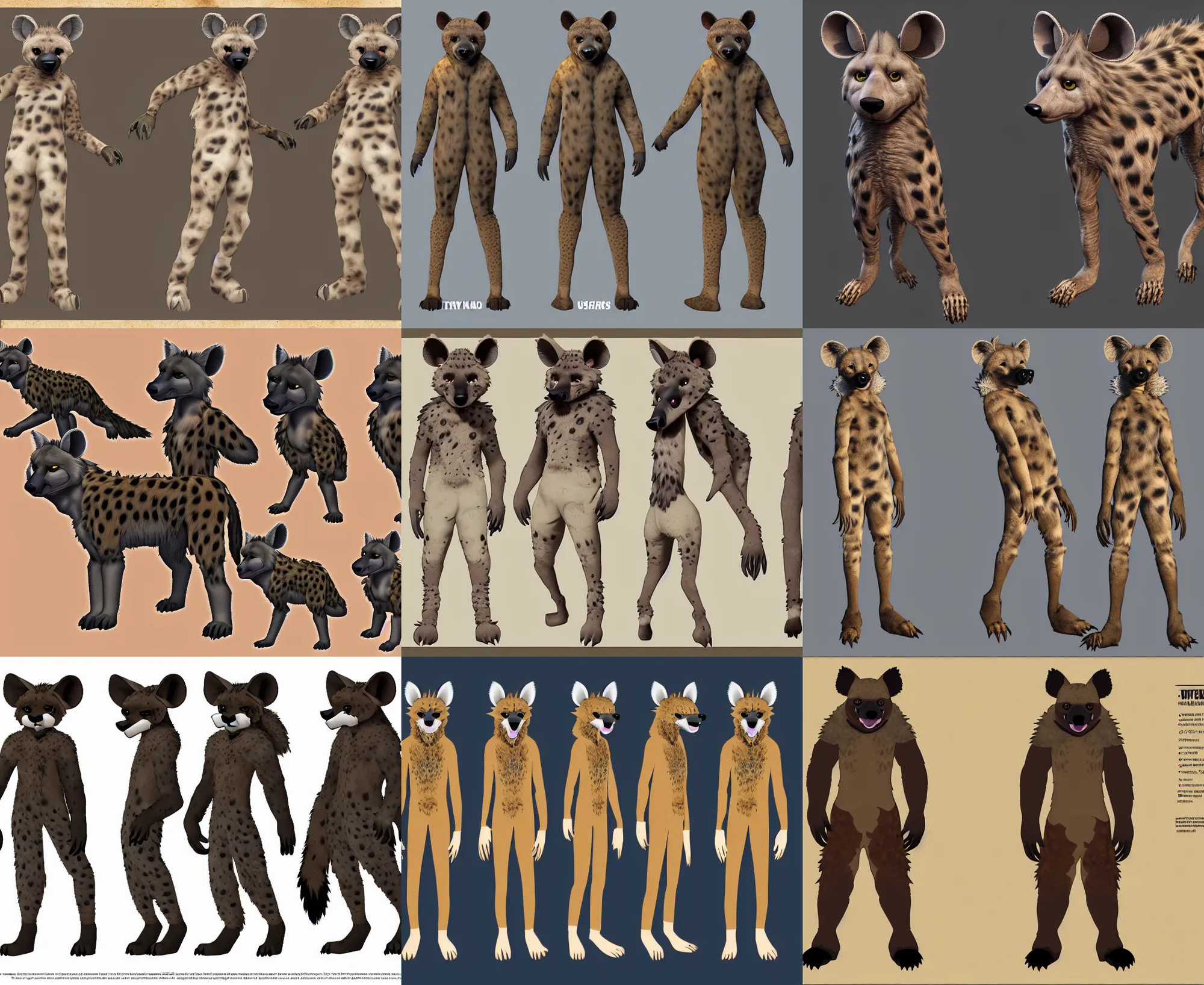 Prompt: a furry hyena fursona three - view fursuit reference sheet, insane ultrahigh - resolution ( uhd ), most favorites, trending on weasyl