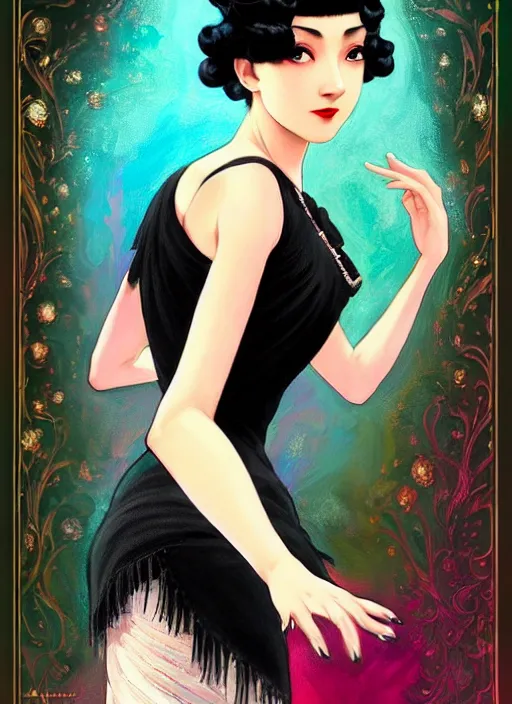 Image similar to a beautiful dancer with black hair in 1920's fashion, ballroom background, intricate, highly detailed, digital painting, artstation, official media, anime key visual, concept art, rich vivid colors, ambient lighting, sharp focus, illustration, art by Artgerm, Makoto Shinkai, Ilya Kuvshinov, Lois Van Baarle, and Rossdraws