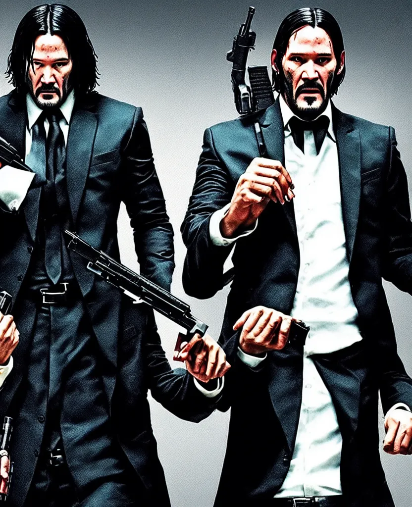 Image similar to portrait photo of a gangster like John Wick and Morpheus pointing a gun at the camera, menacingly