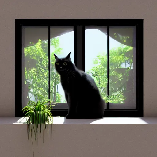 Prompt: peaceful dreamy painting of a content black cat sitting by a window, sunshine coming through the window, small plants on the window sill, 4k resolution, highly detailed, trending on artstation, octane render