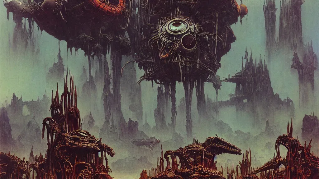 Image similar to surreal eerie alien planet empire with strange biomechanical plants by frank frazetta and bruce pennington, cinematic matte painting