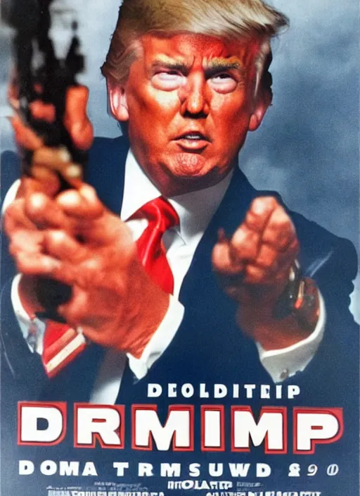 Image similar to an 8 0's john alvin action movie poster of donald trump starring in dumpster fire. explosions.