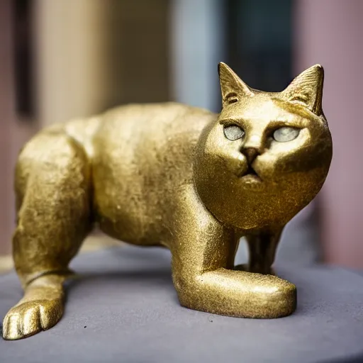 Prompt: A sculpture of a cat made of gold, XF IQ4, f/1.4, ISO 200, 1/160s, 8K,