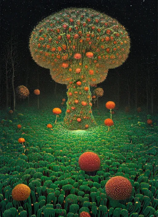 Image similar to hyper detailed 3d render like a Oil painting - polyp blossoms bring iridescent fungal flowers whose spores black the foolish stars in the middle of a dense black forest clearing, the night sky glows in a break above the trees, by Jacek Yerka, Mariusz Lewandowski, Houdini algorithmic generative render, Abstract brush strokes, Masterpiece, Edward Hopper and James Gilleard, Zdzislaw Beksinski, Mark Ryden, Wolfgang Lettl, hints of Yayoi Kasuma, octane render, 8k