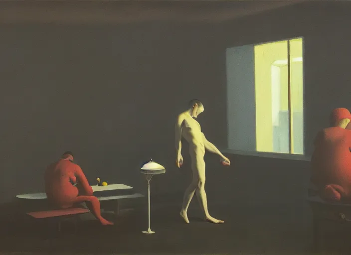 Prompt: a beauty man with a knife in his hand stands in a drugstore and buys a black inflatable balloon, highly detailed, soft lighting, elegant, by edward hopper and james gilleard, zdzislaw beksinski, steven outram, highly detailed