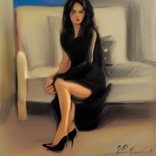 Image similar to a dark haired woman wearing a black dress, on a bed. by fabian perez