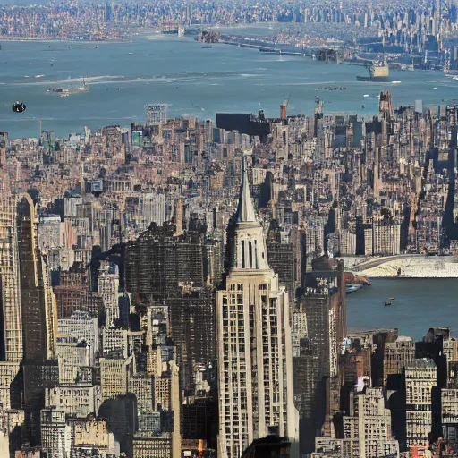 Image similar to colossal pickles flying over new york city, there are guns on the outside of the pickles that are firing projectiles down upon the city