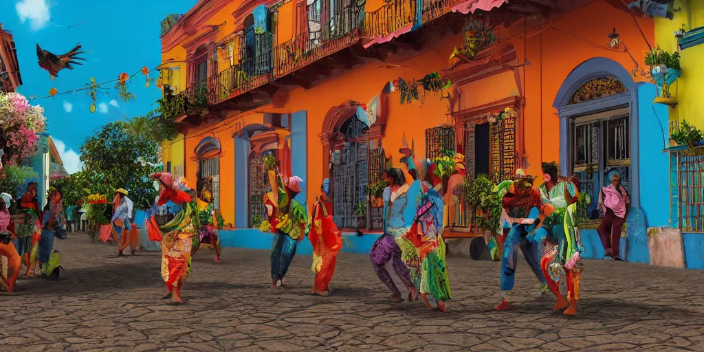 Image similar to An epic fantastic realism comic book style painting of the COLOMBIAN colonial town environment with beautiful houses, traditional dance in the street, exquisite bouquets from an colorfull culture, fisheye, unreal 5, DAZ, hyperrealistic, octane render, dynamic lighting