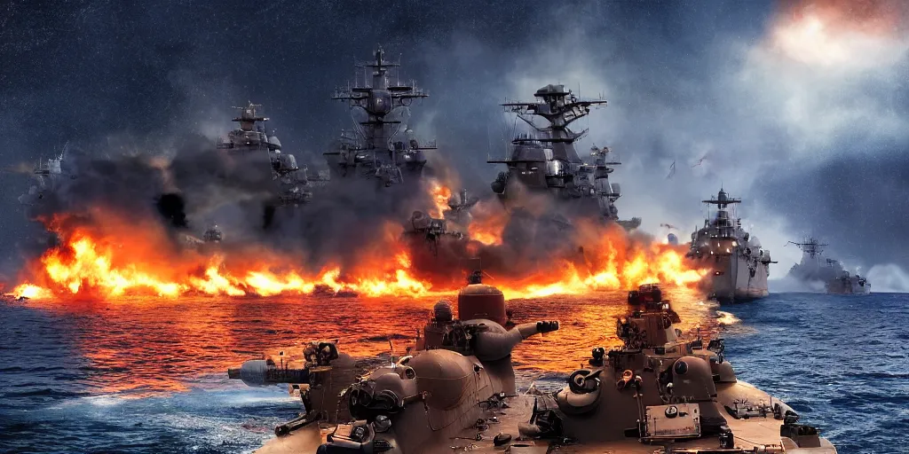 Prompt: a naval battle with battleships and submarines in the night with fire far away, high detail, high definition, photorealistic, 8k,