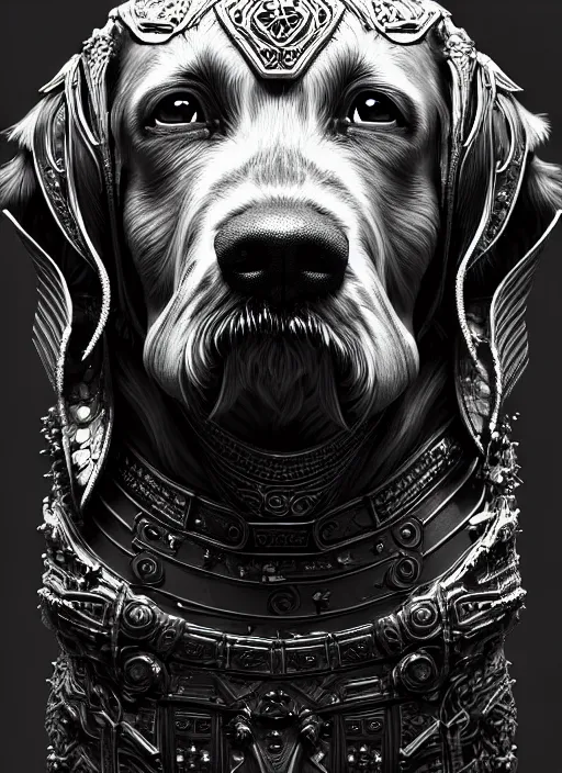 Image similar to dog as a god with flow hair and green eyes, very detailed face, black and white, detailed features, fantasy, circuitry, explosion, dramatic, intricate, elegant, highly detailed, digital painting, artstation, concept art, smooth, sharp focus, illustration, art by gustave dore, octane render