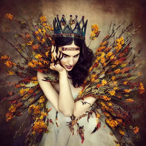 Image similar to full body fine art photo of the beauty gal gadot, she has a crown and a dress made of dried flowers done by oleg oprisco