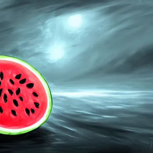 Prompt: a watermelon in a pit in the eye of the storm, windy, digital painting, concept art, desaturated, gloomy