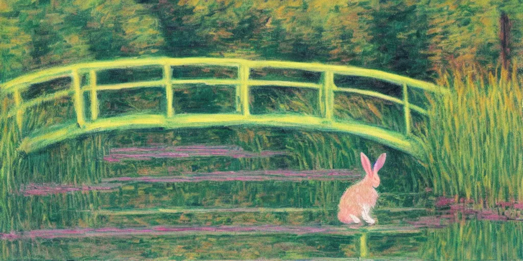 Prompt: a painting of a rabbit standing on a small wooden bridge, in the style of monet