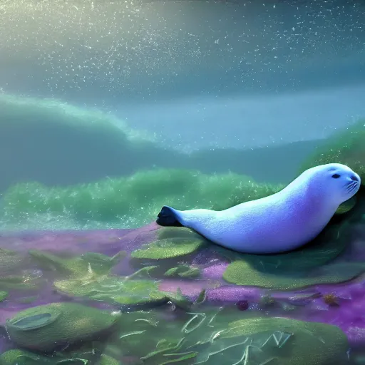 Image similar to Prince in pastel!!, A seal sleeping peacefully in a kelp forest, cinematic, hyper realistic, detailed, 8k, octane render.