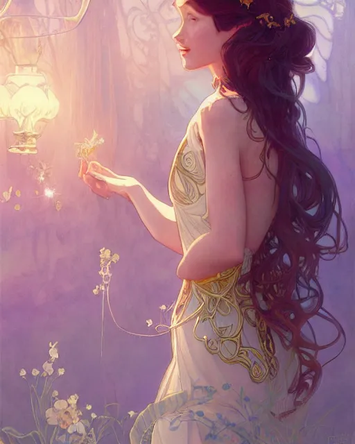 Image similar to secret romance, highly detailed,, gold filigree, romantic storybook fantasy, soft cinematic lighting, award, disney concept art watercolor illustration by mandy jurgens and alphonse mucha and alena aenami, pastel color palette, featured on artstation