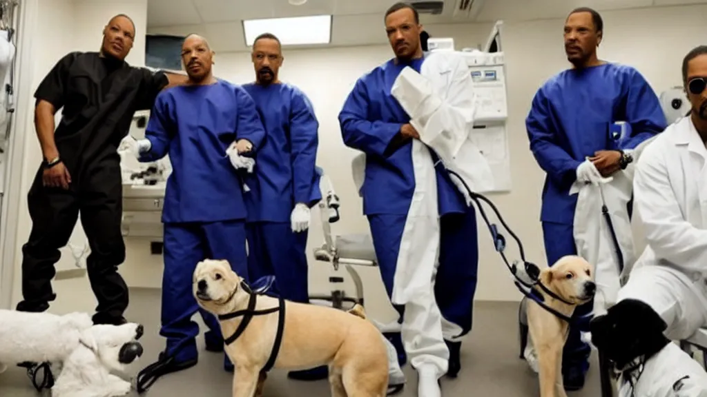 Image similar to Dr. Dre in surgeon scrubs in an emergency room, treating Snoop Dogg and his dog.