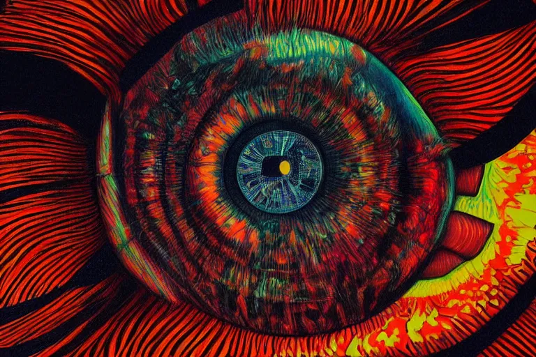 Prompt: eyes looking at the camera, contempt, disdain look, inquisitive, psychedelic art, artist interpretation, psychedelic interpretation, golden ratio, centered, hallucinatory art, artstation hd, 4 k