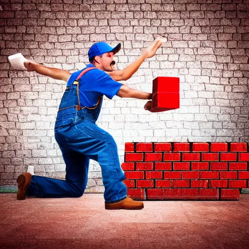 Image similar to plumber with a mustache, red overalls, jumping to hit a brick cube floating above the ground