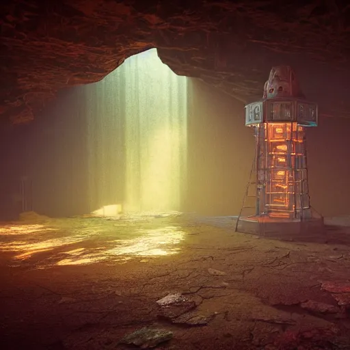 Prompt: an abandoned old rusty clocktower in a dark enormous cave, Low level, rendered by Beeple, Makoto Shinkai, syd meade, simon stålenhag, synthwave style, digital art, unreal engine, WLOP, trending on artstation, 4K UHD image, octane render