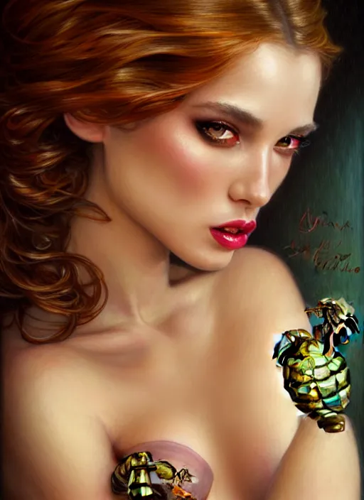 Prompt: glamorous scorpion portrait, bra, seductive eyes and face, elegant, lascivious pose, very detailed face, studio lighting, photorealism, portrait by Magali Villeneuve and Steve Argyle,Livia Prima,Mucha,dress,fantasy art,beautiful,artstation,trending on artstation,intricate details,alluring,masterpiece