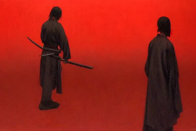 Image similar to only with red, a red samurai harakiri, tokio, a lot of frogs watch, in the style of beksinski, parts by edward hopper, parts by rodcenko, parts by yue minjun, intricate and epic composition, red by caravaggio, insanely quality, highly detailed, masterpiece, red light, artstation, 4 k