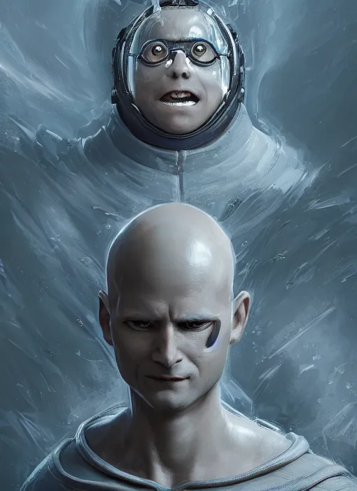 Image similar to fantasy portrait of saitama as minion from despicable me, au naturel, hyper detailed, digital art, trending in artstation, cinematic lighting, studio quality, smooth render, unreal engine 5 rendered, octane rendered, art style by klimt and nixeu and ian sprigger and wlop and krenz cushart and kim jung gi and greg rutkowski